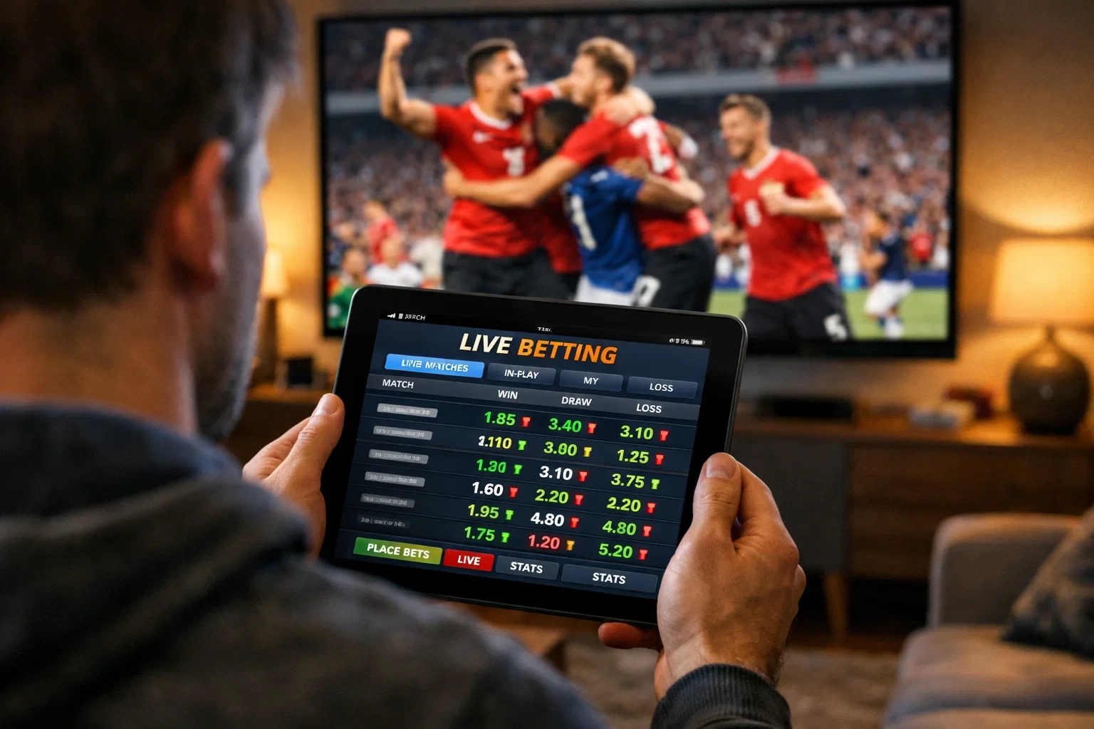 Pessoa a fazer apostas ao vivo num tablet enquanto assiste a um jogo de futebol na televisão