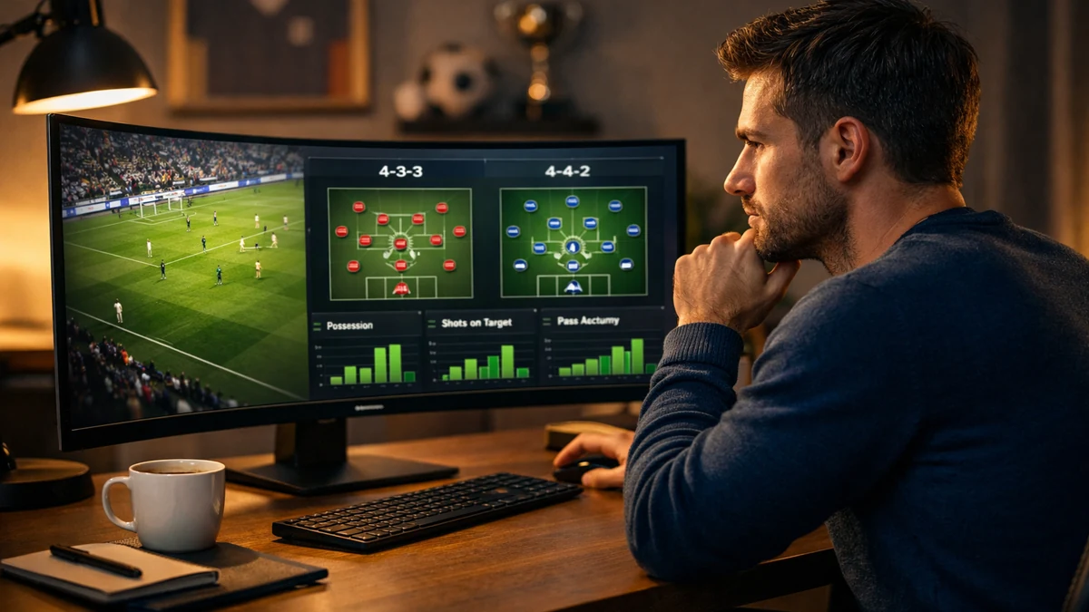 Apostador profissional a analisar estatísticas desportivas num monitor, ambiente de escritório moderno