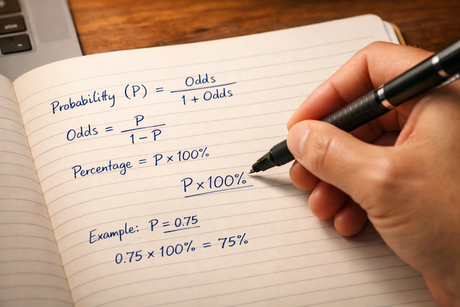Mão a escrever fórmulas de conversão de odds em probabilidade num caderno com caneta