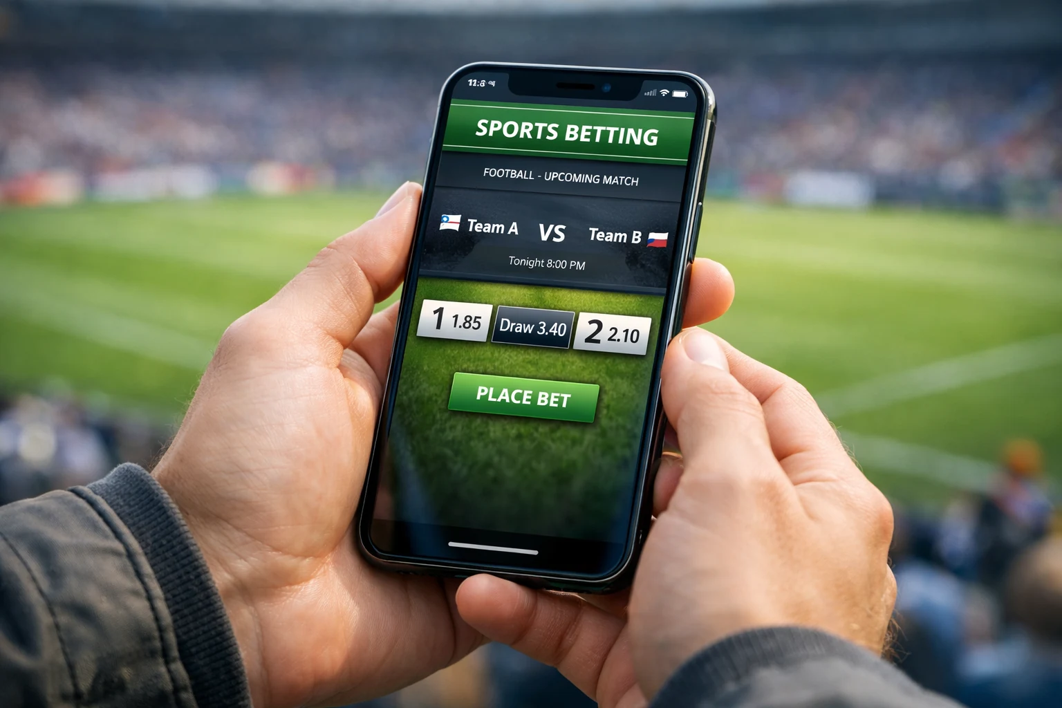 Mãos a segurar smartphone com aplicação de apostas desportivas mostrando odds de futebol