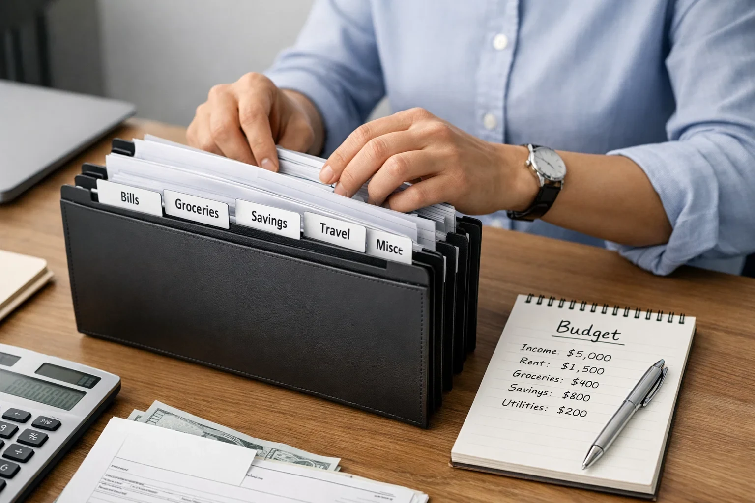 Organização financeira com pasta de documentos e planeamento de orçamento para apostas