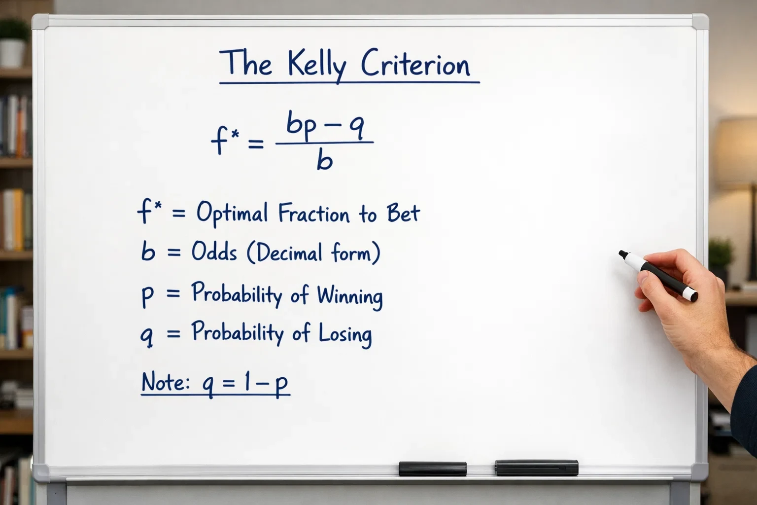 Fórmula matemática do Critério de Kelly escrita num quadro branco em ambiente de estudo