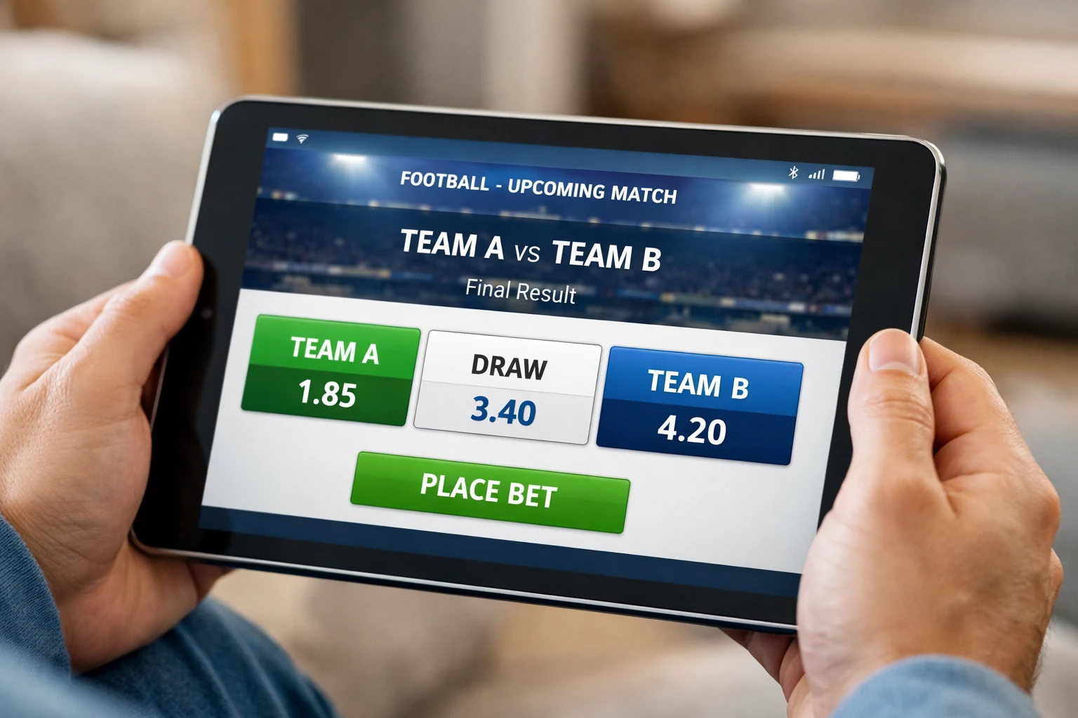 Ecrã de tablet mostrando odds de resultado final 1X2 para jogo de futebol
