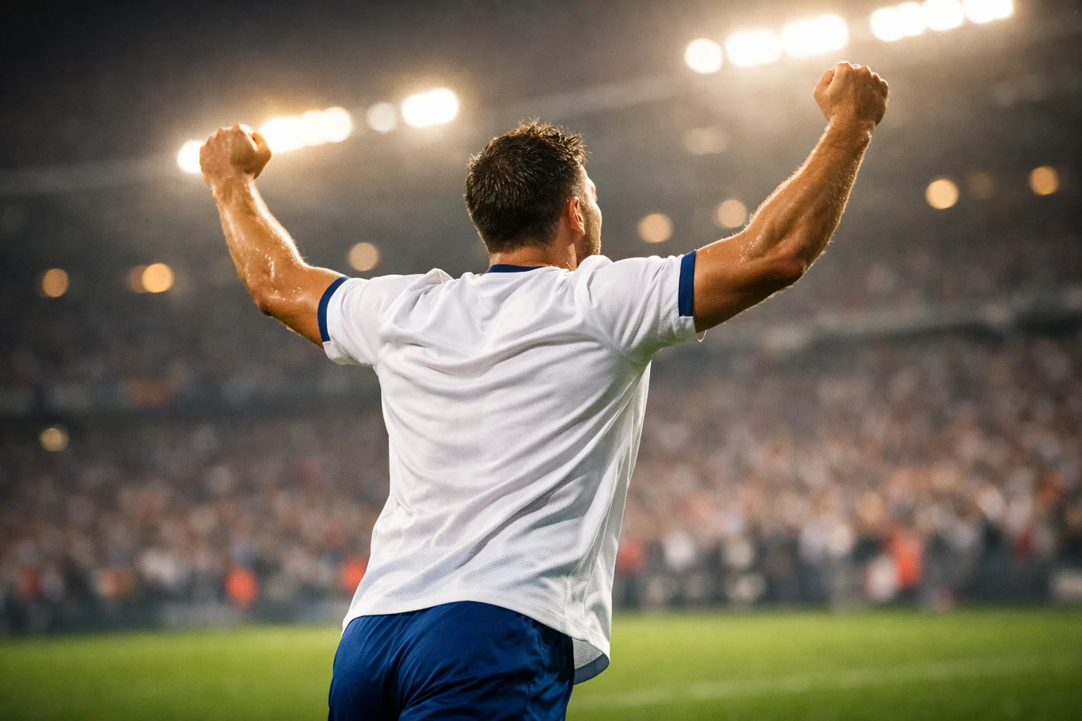 Jogador de futebol a celebrar golo com braços levantados em estádio