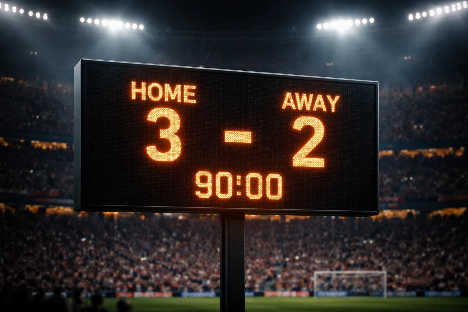 Marcador de estádio de futebol mostrando resultado de jogo com golos
