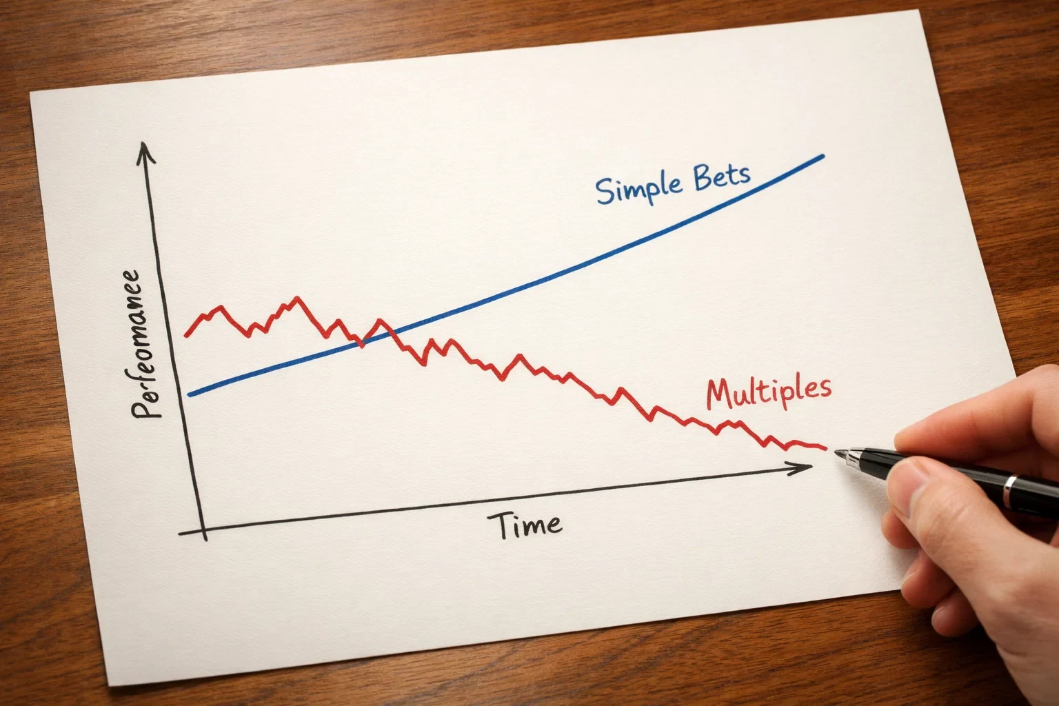 Gráfico simples mostrando comparação de resultados entre apostas simples e múltiplas