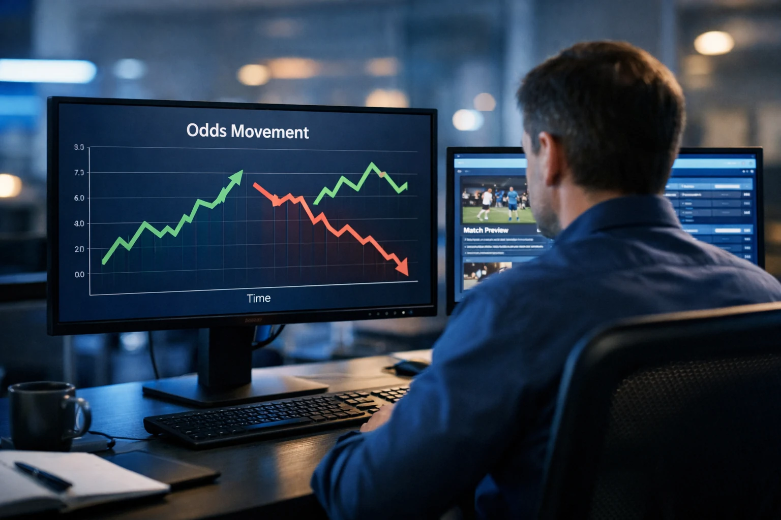 Profissional a monitorizar variações de odds em múltiplos ecrãs de computador numa secretária