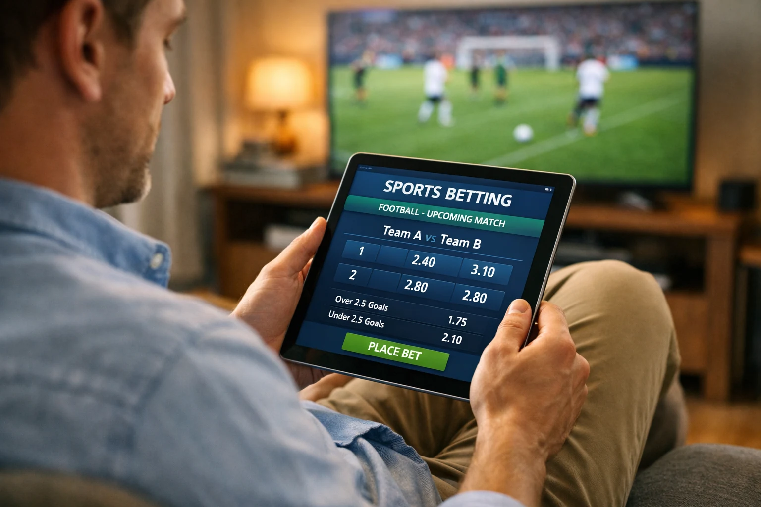 Pessoa a analisar odds num ecrã de tablet com jogo de futebol em segundo plano